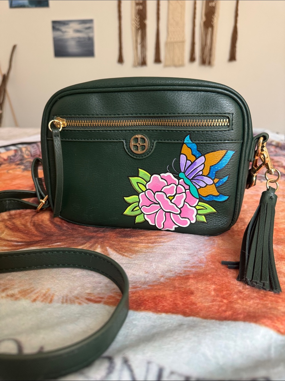IMAN Forest Green Crossbody with Handpainted Floral & Butterfly Applique